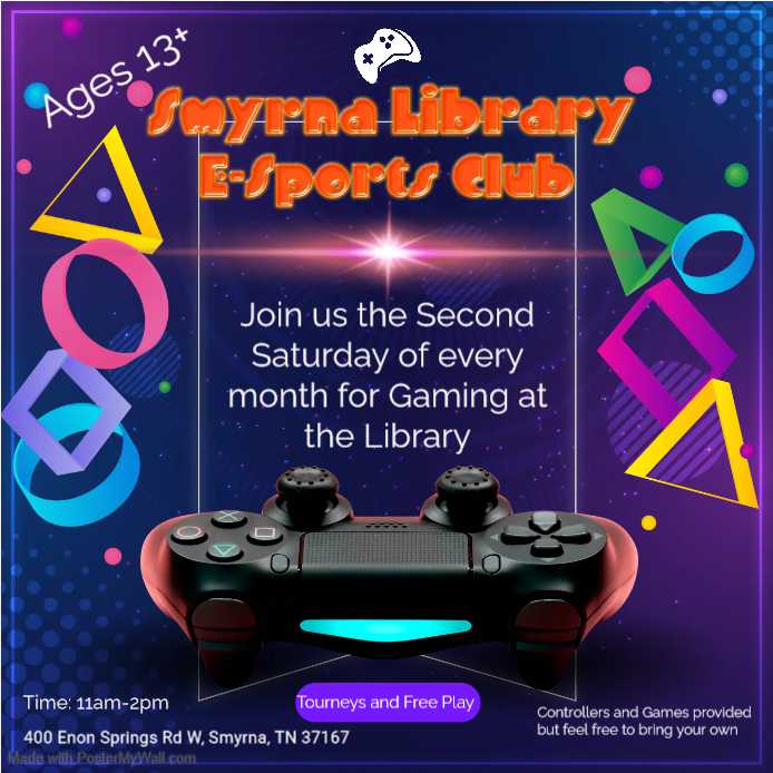 Smyrna Library E-Sports Club, second Saturday of every month, 11am-2pm