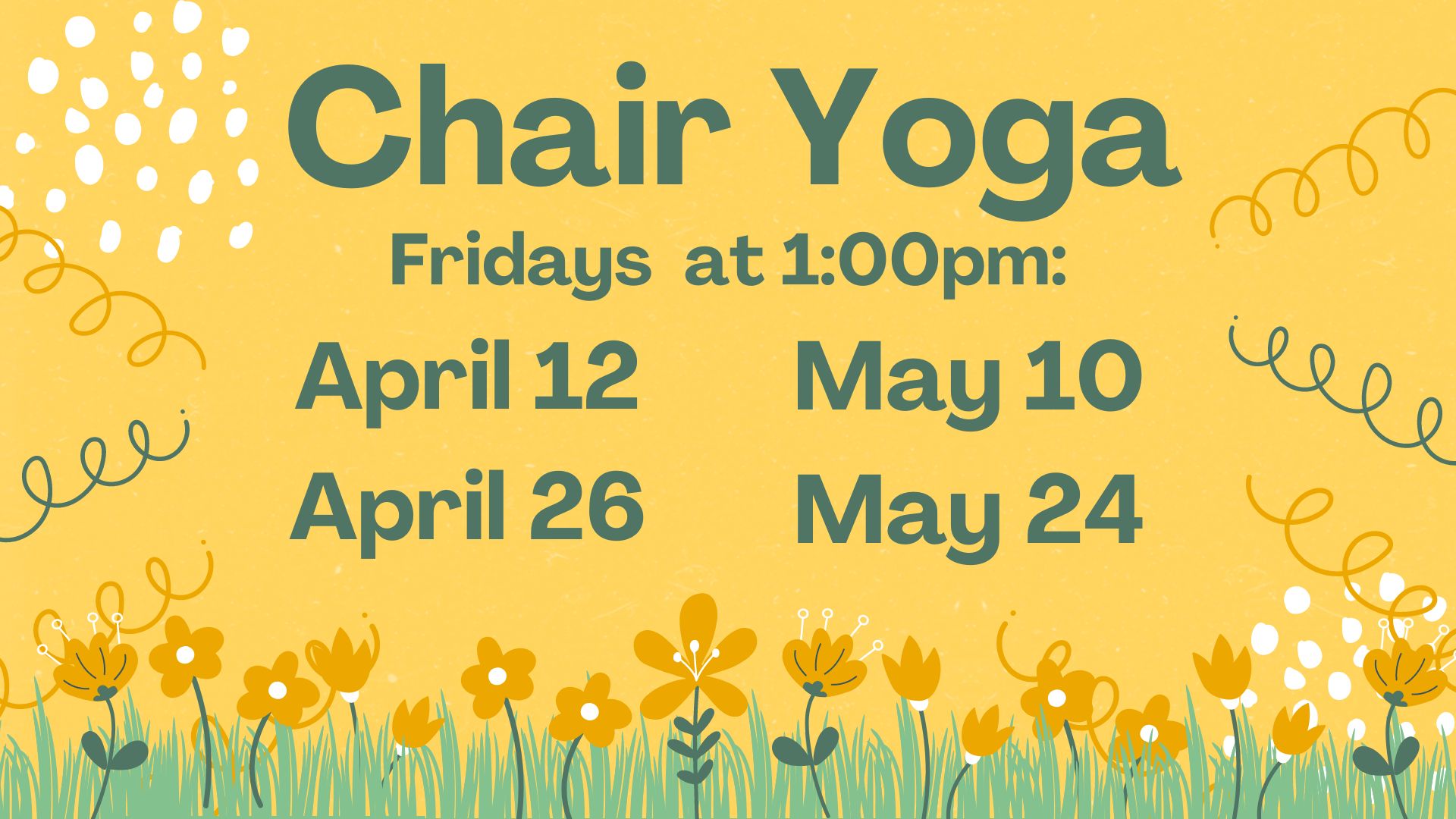 Chair Yoga at Smyrna Public Library, Fridays April 12, April 26, May 10, and May 24 at 1:00pm