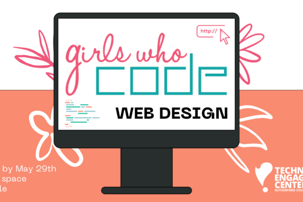 graphic of a computer monitor with "girls who code" on the screen, coral pink and white background with flowers.