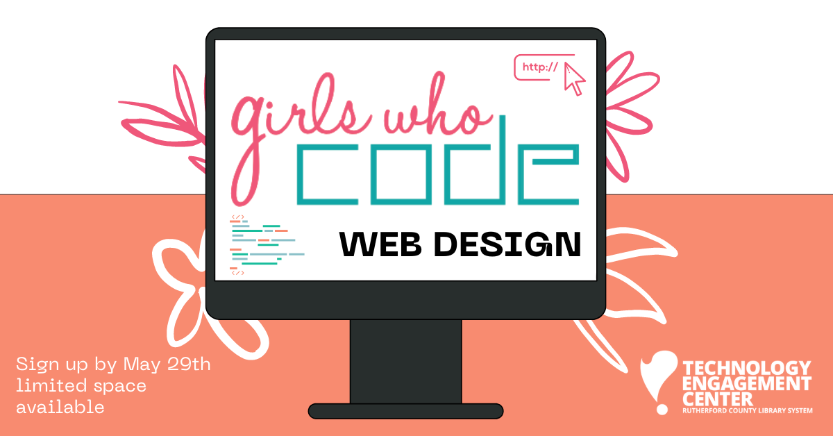 graphic of a computer monitor with "girls who code" on the screen, coral pink and white background with flowers.