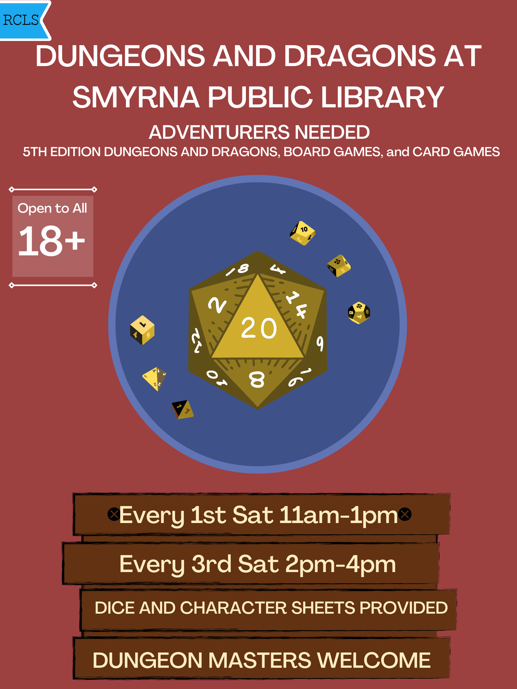 Dungeons & Dragons at the Smyrna Public Library, Every 1st Saturday of the month from 11am-1pm, every 3rd Saturday of the month from 2pm-4pm
