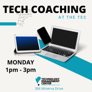 Tech Coaching image of digital devices Monday 1 - 3pm TEC logo