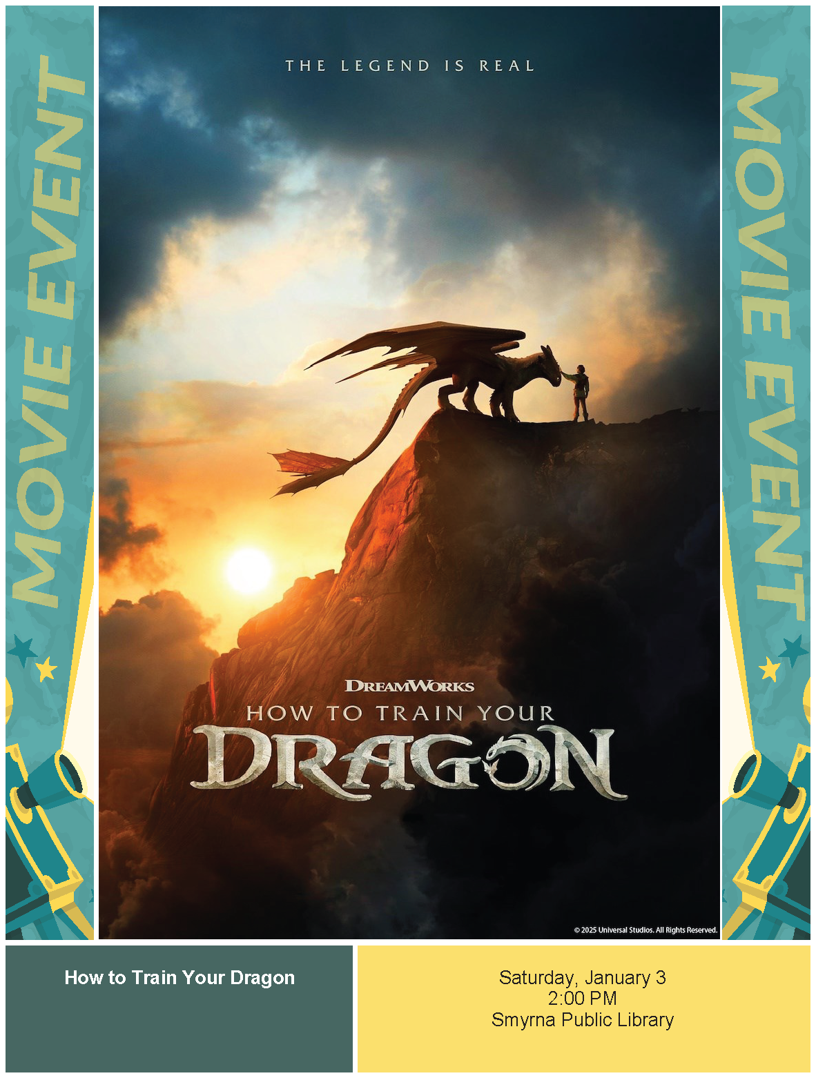 How to Train Your Dragon (2025, live action) is Smyrna Public Library's January Movie Matinee, playing Saturday January 3 at 2:00pm