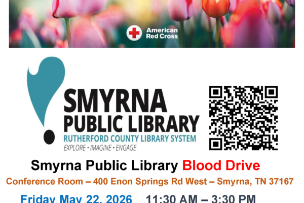 Blood Drive at Smyrna Public Library on Friday May 22 from 11 AM to 3 PM, please visit https://www.redcrossblood.org/give.html/drive-results?zipSponsor=smyrnalibrary to schedule your appointment. All participants will be receive a free red Cross beach towel!