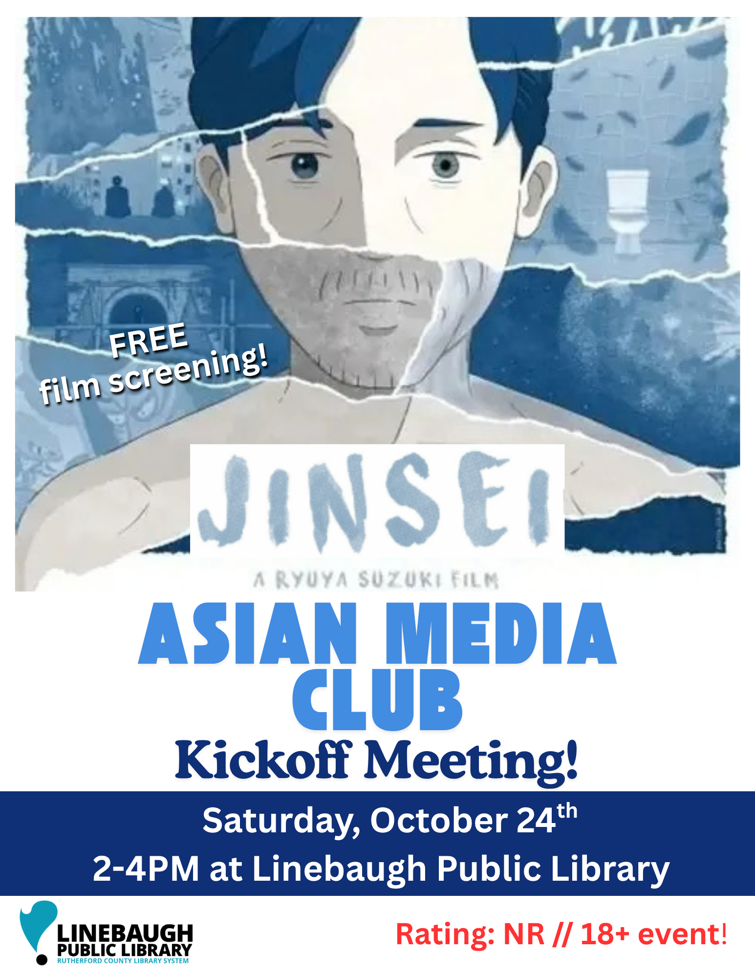 cover of Jinsei movie featuring ripped pages placed together to form a middle aged Japanese man with blueish black hair and eyes.